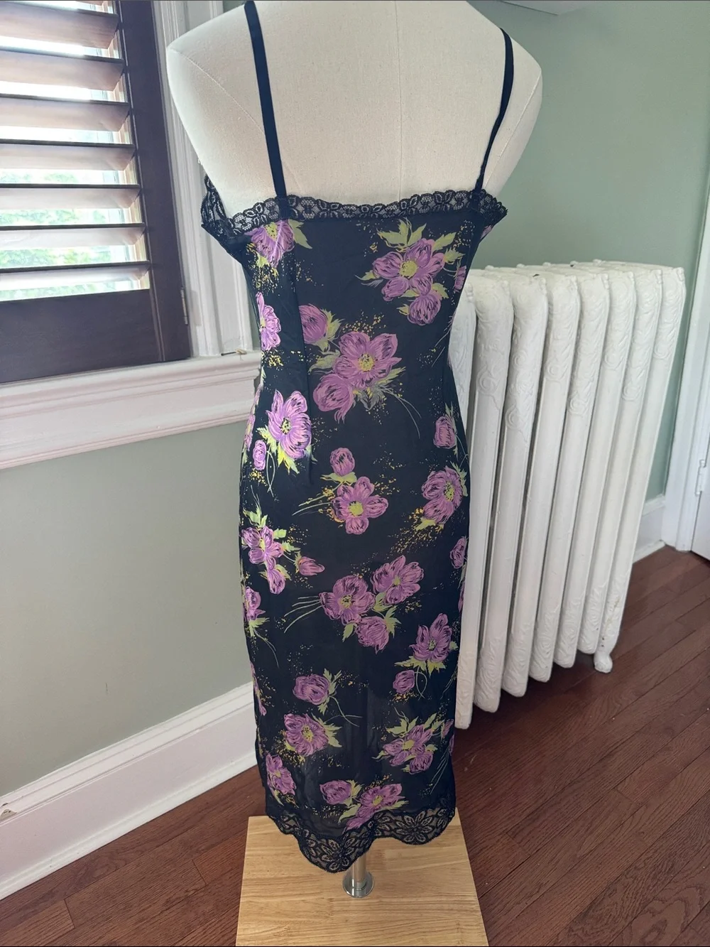 Vintage Black Slip Dress with Purple Floral Print - Picture 5 of 10